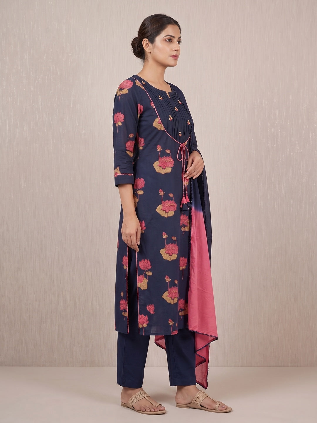 Peachmode Navy Blue Pure Cotton Lotus Printed Salwar Suit Set - Image 4