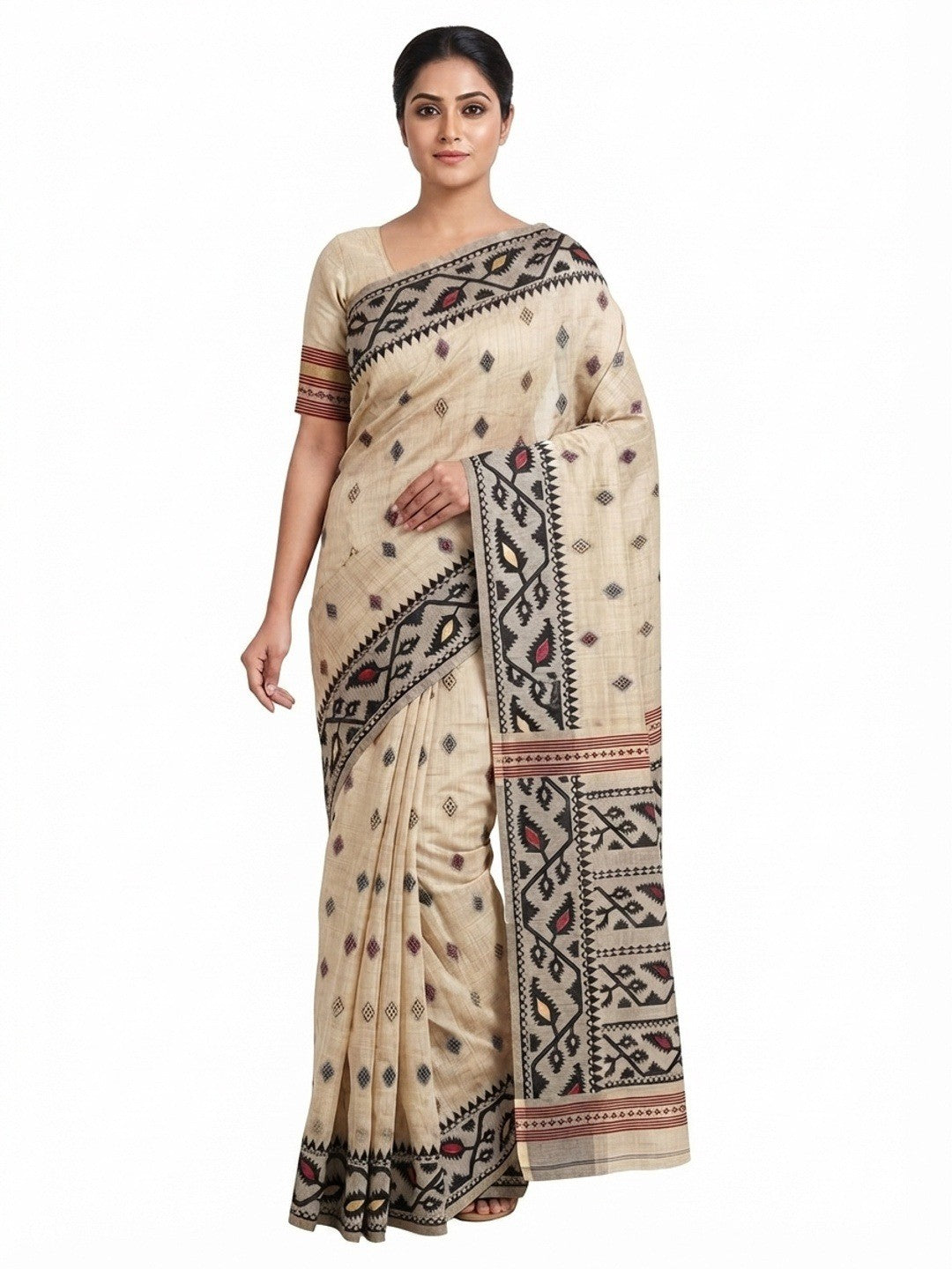 Peachmode Cream Multicolor Woven Cotton Blend Jamdani Saree - Image 1