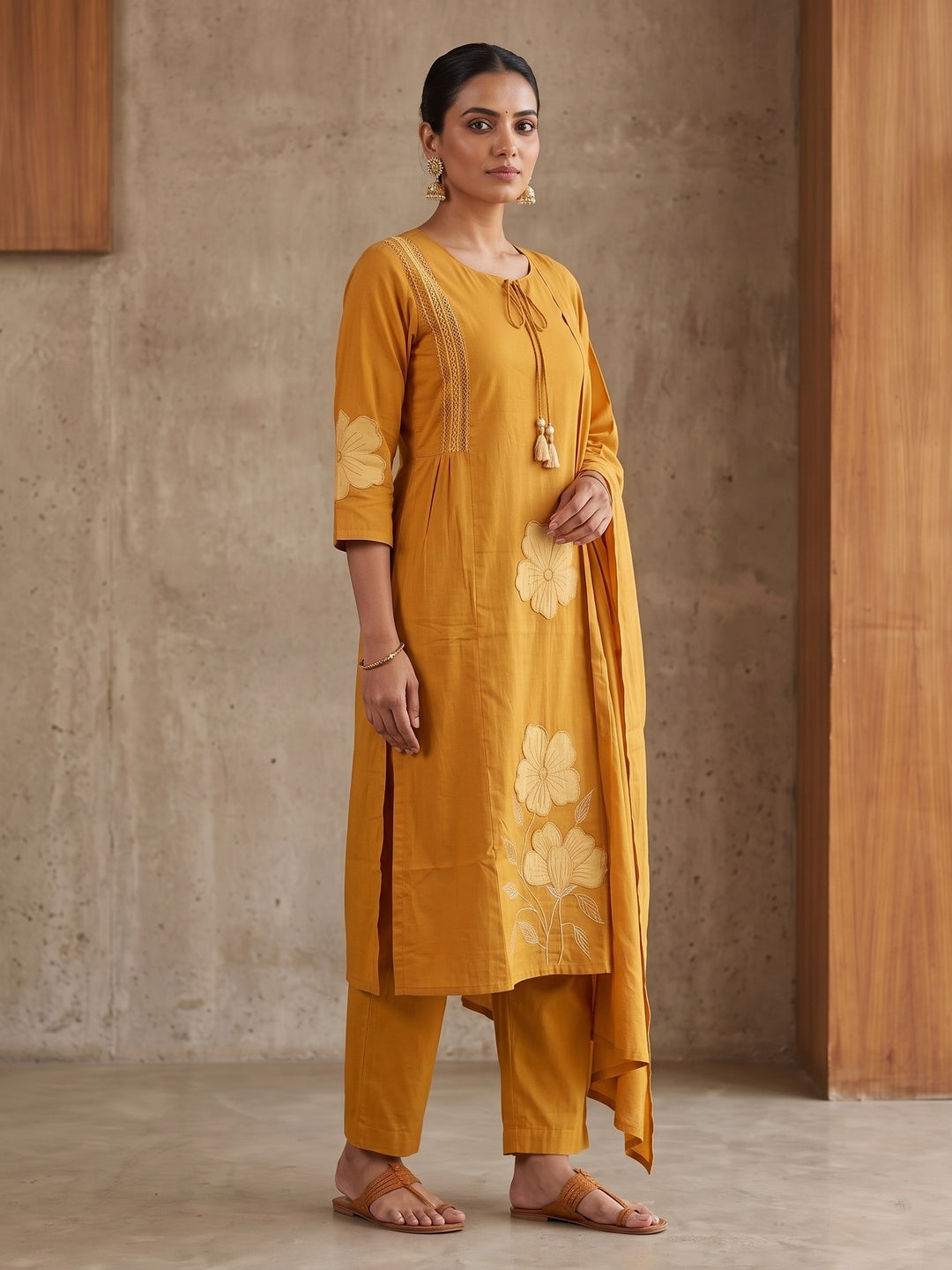 Peachmode Yellow Pure Cotton Floral Embroidered Salwar Suit Set - Image 3
