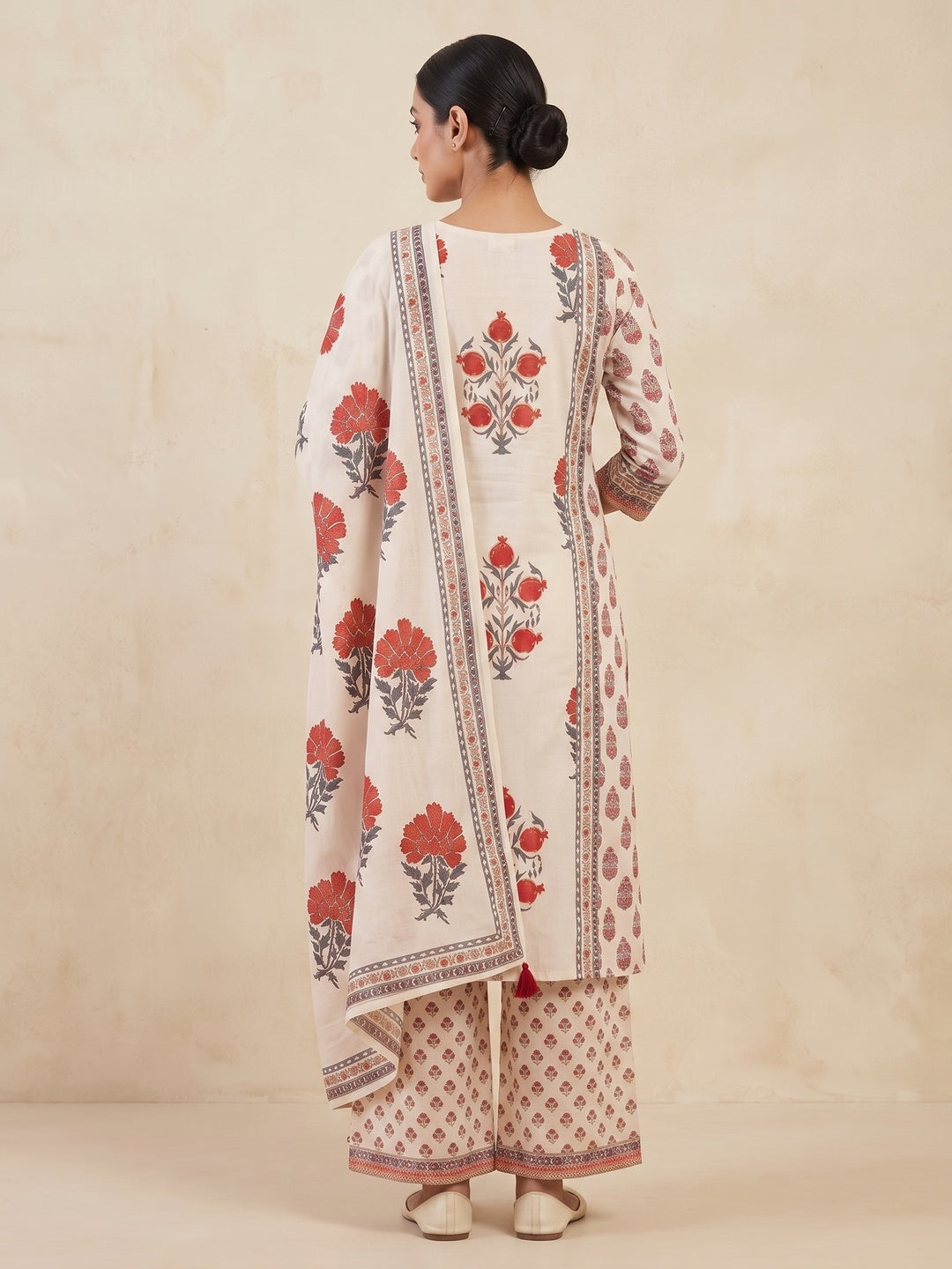 Peachmode Off White Pure Cotton Floral Printed Salwar Suit Set - Image 5