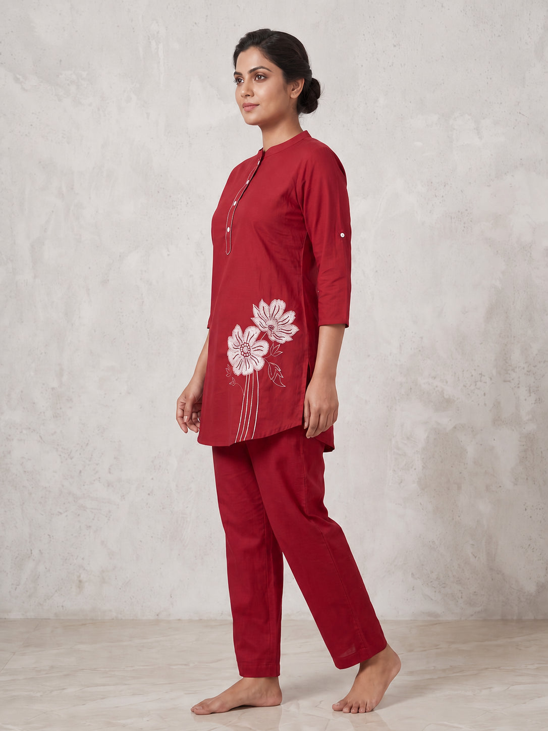 Peachmode Red Pure Cotton Floral Embroidered Co-ord Set - Image 3