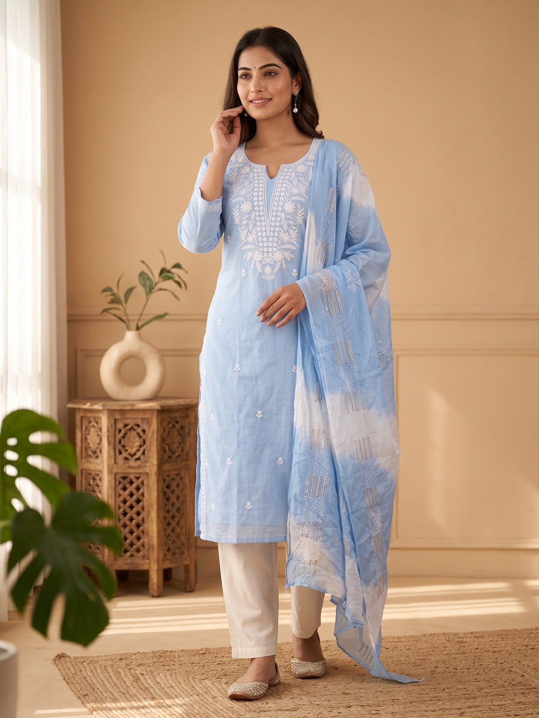 Elegant Blue Chanderi Cotton Chikankari Dress Material With Dupatta - Image 5