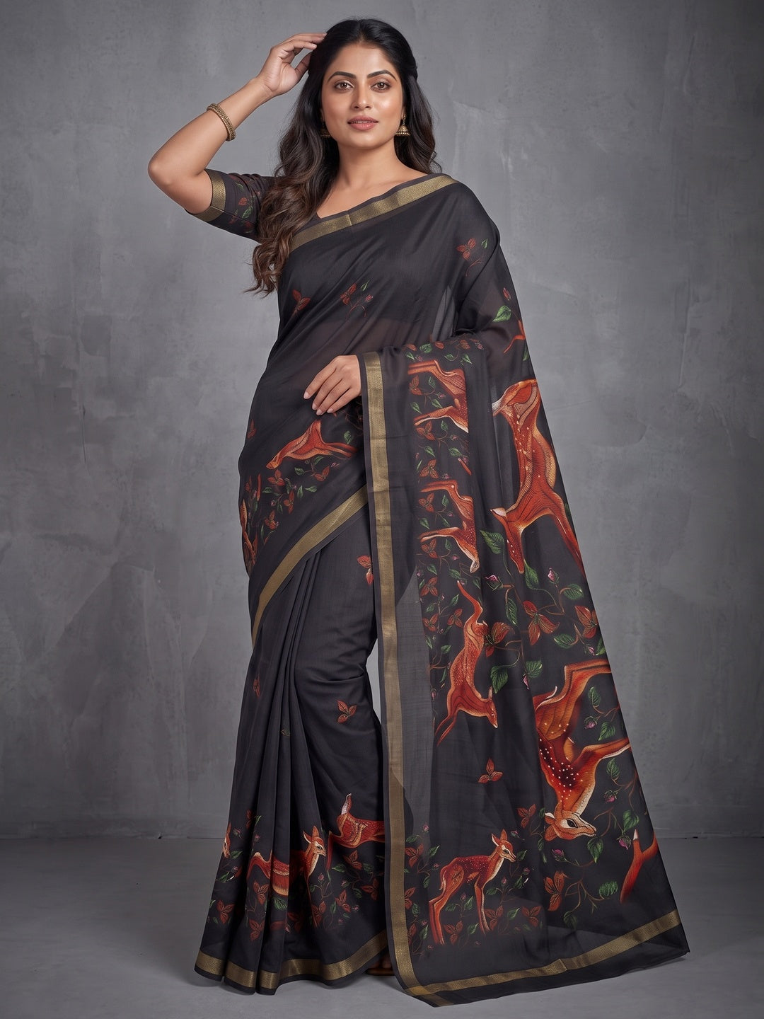 Peachmode Black Digital Printed Mul Cotton Saree - Image 1