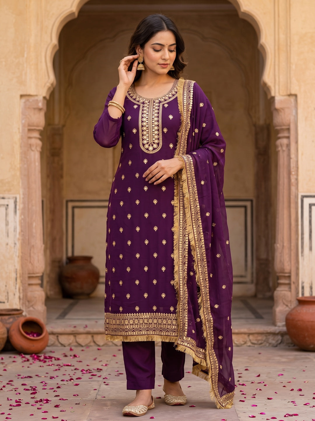 Purple Embroidered Georgette Dress Material - Image 4
