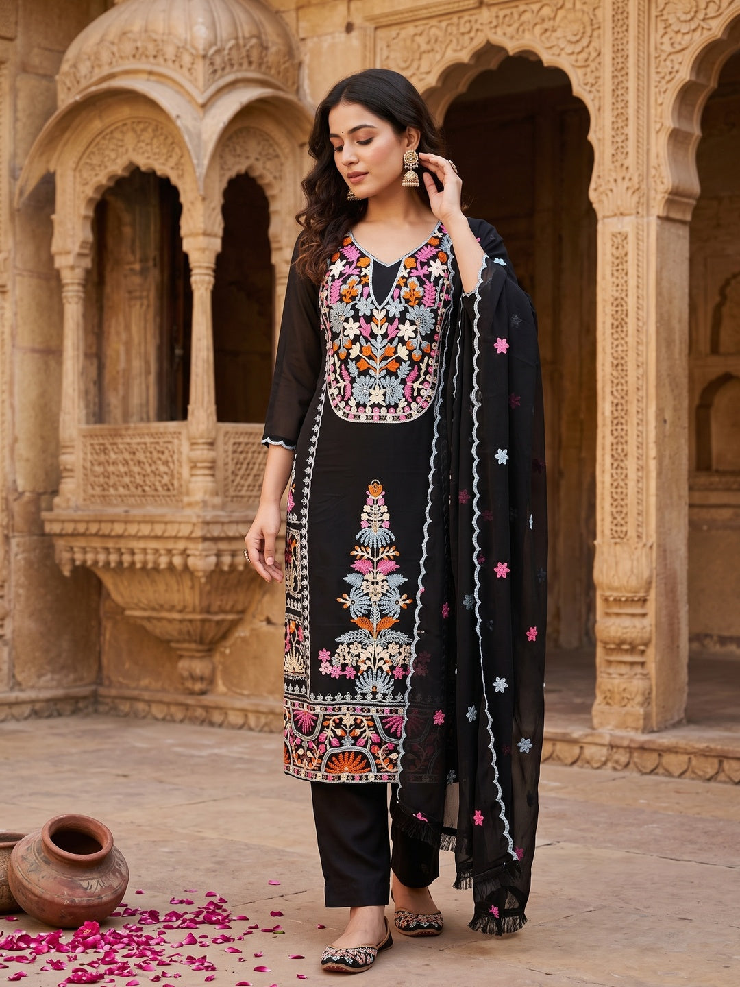 Black Floral Embroidered Georgette Dress Material - Image 4