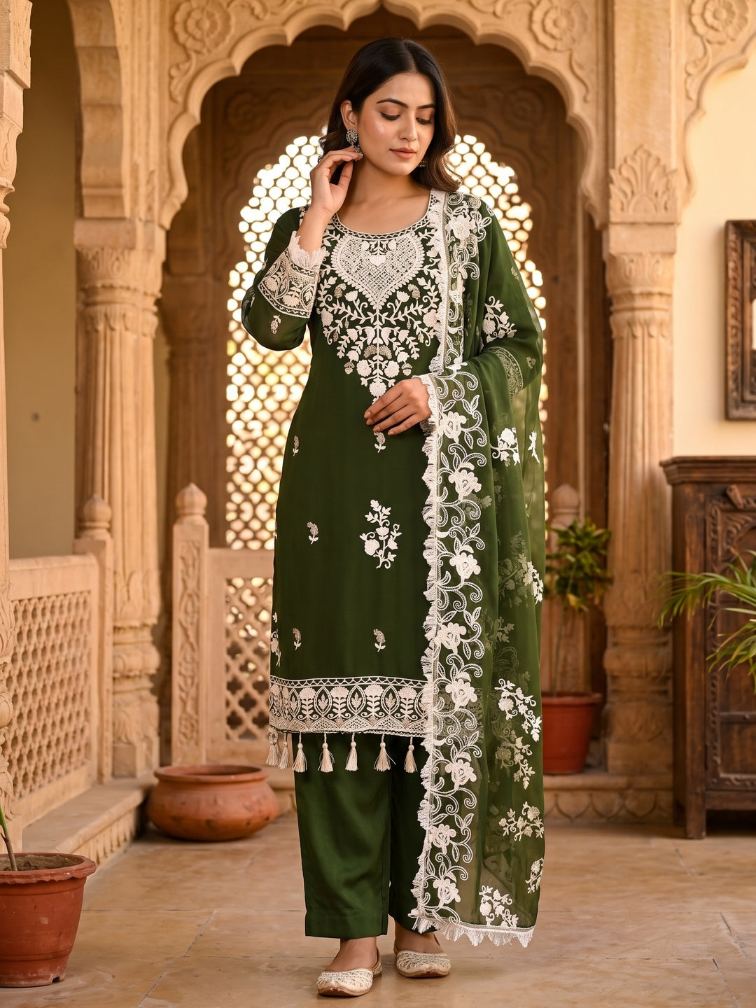 Mehandi Green Floral Embroidered Georgette Dress Material - Image 4
