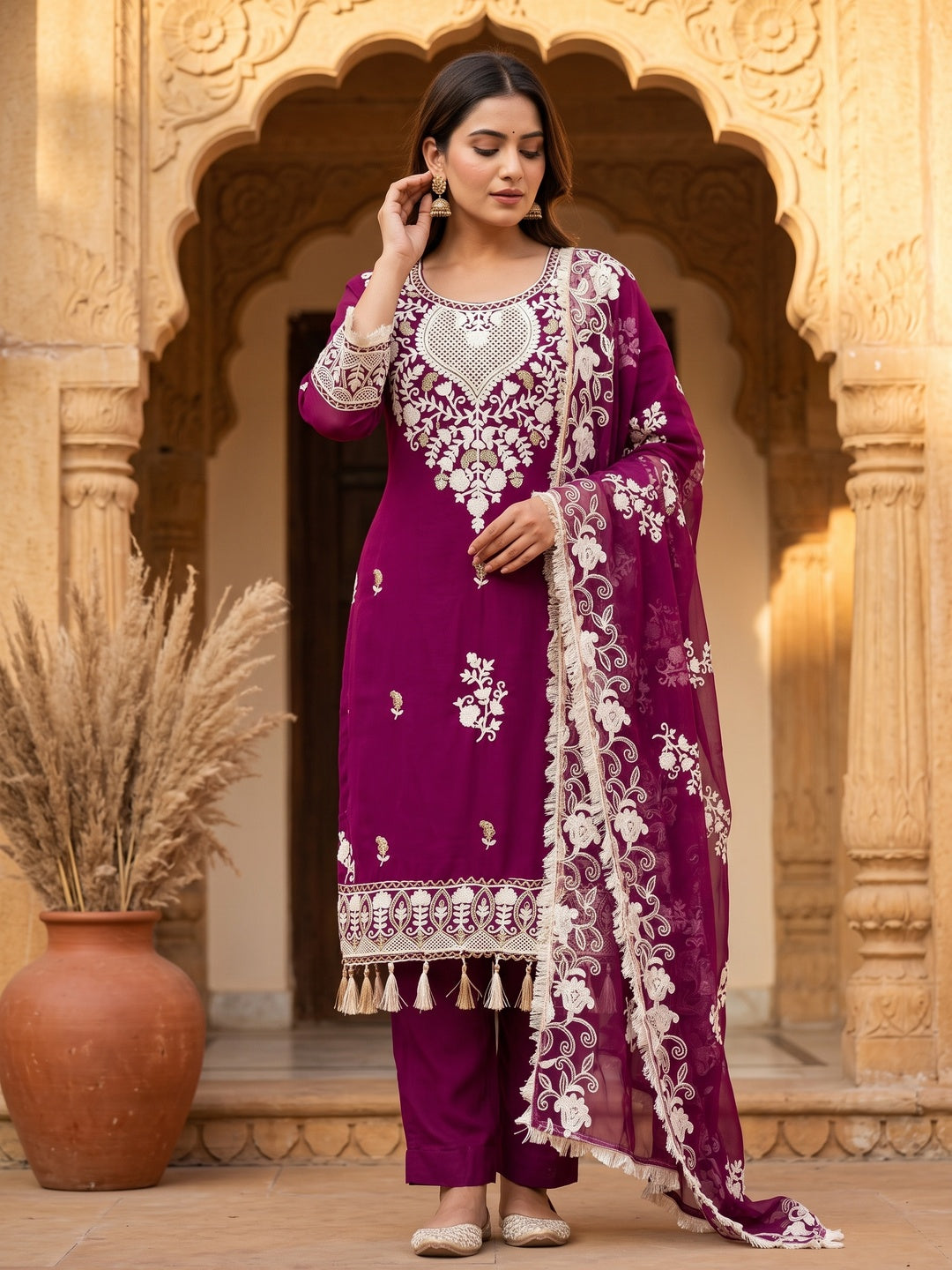 Purple Floral Embroidered Georgette Dress Material - Image 4