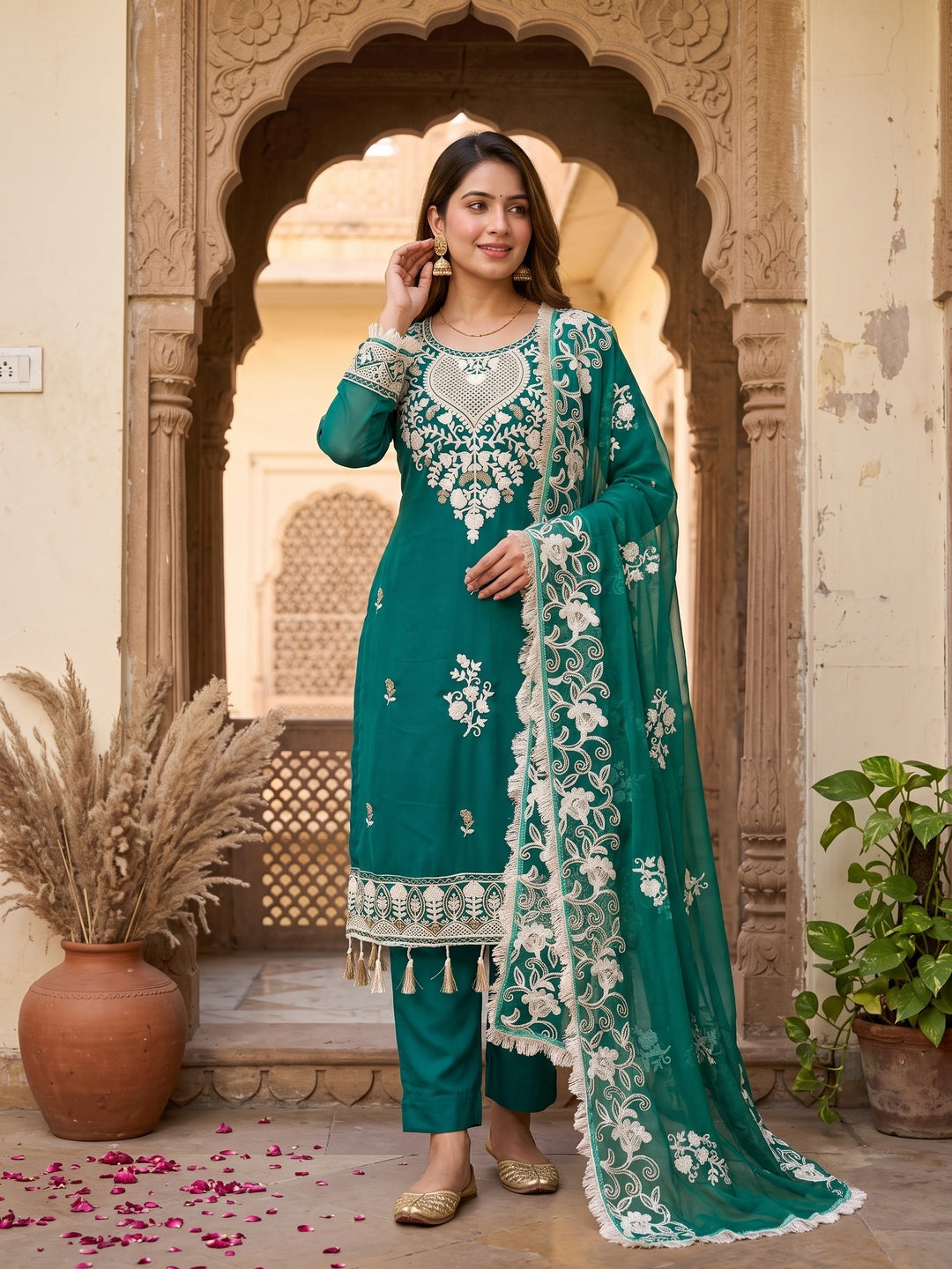 Teal Green Floral Embroidered Georgette Dress Material - Image 4