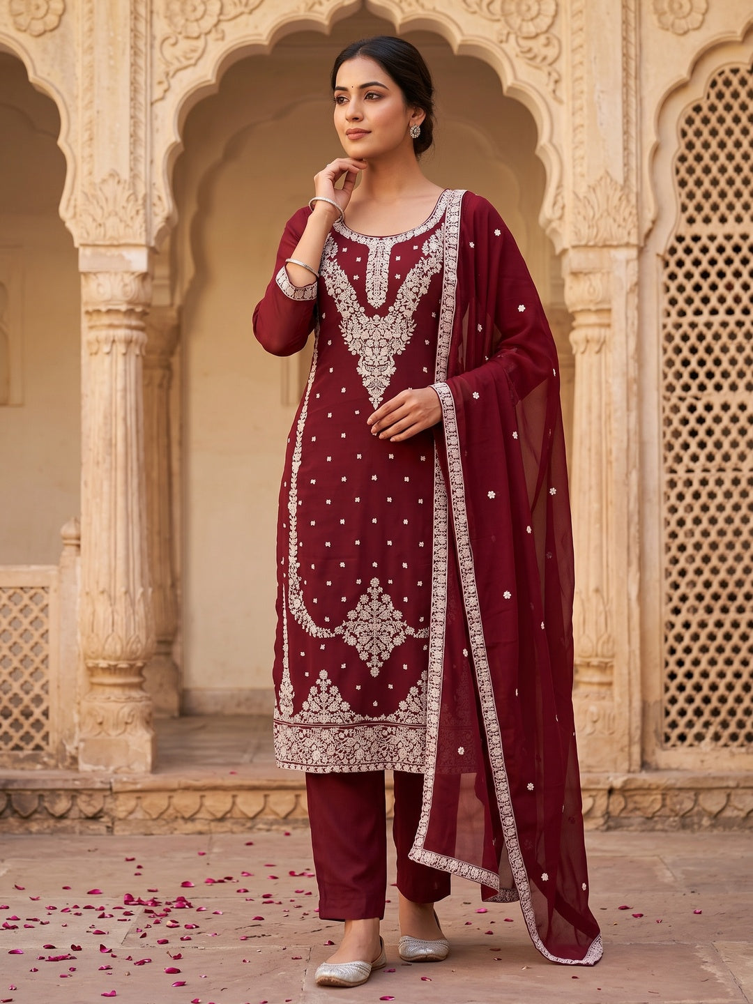 Maroon Floral Embroidered Georgette Dress Material - Image 4