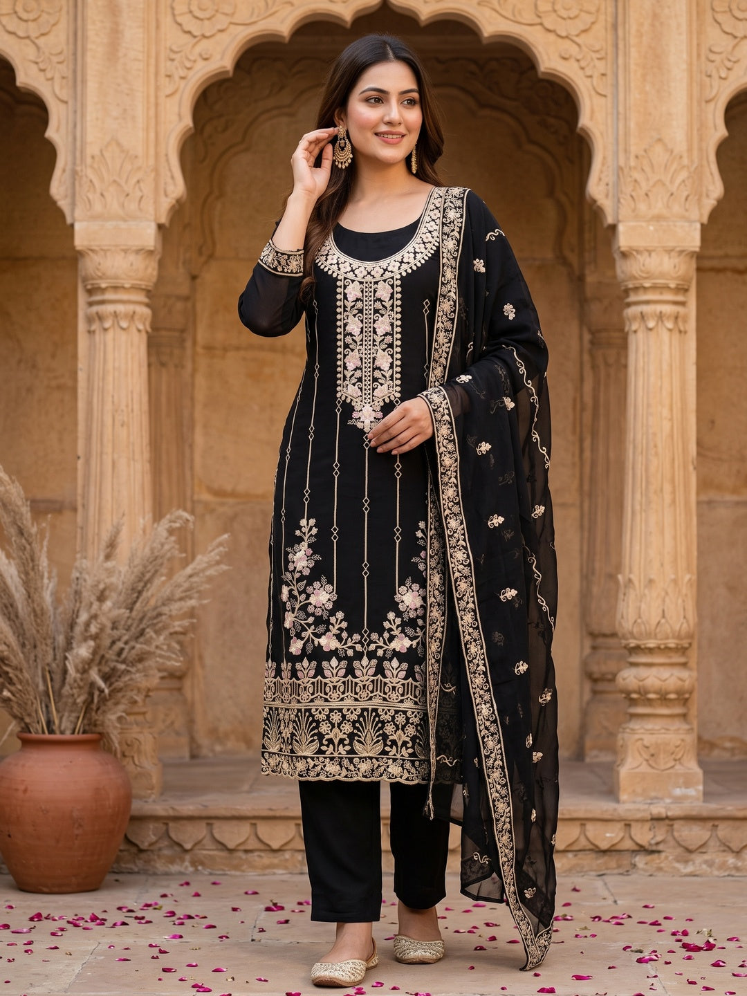 Black Embroidered Georgette Dress Material - Image 4