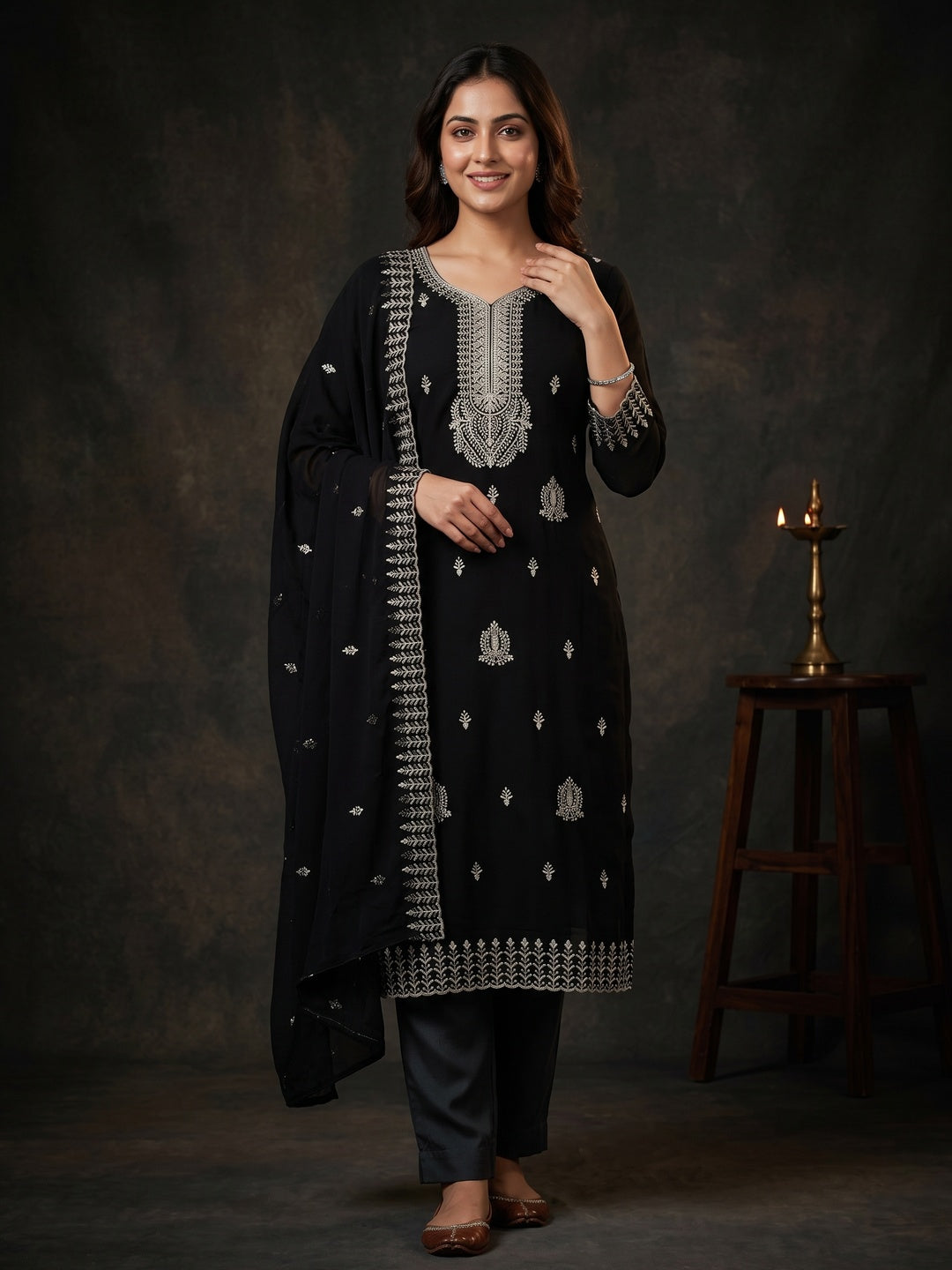 Black Georgette Dress Material Adorned With Floral Zari & Sequin Embroidery - Image 5
