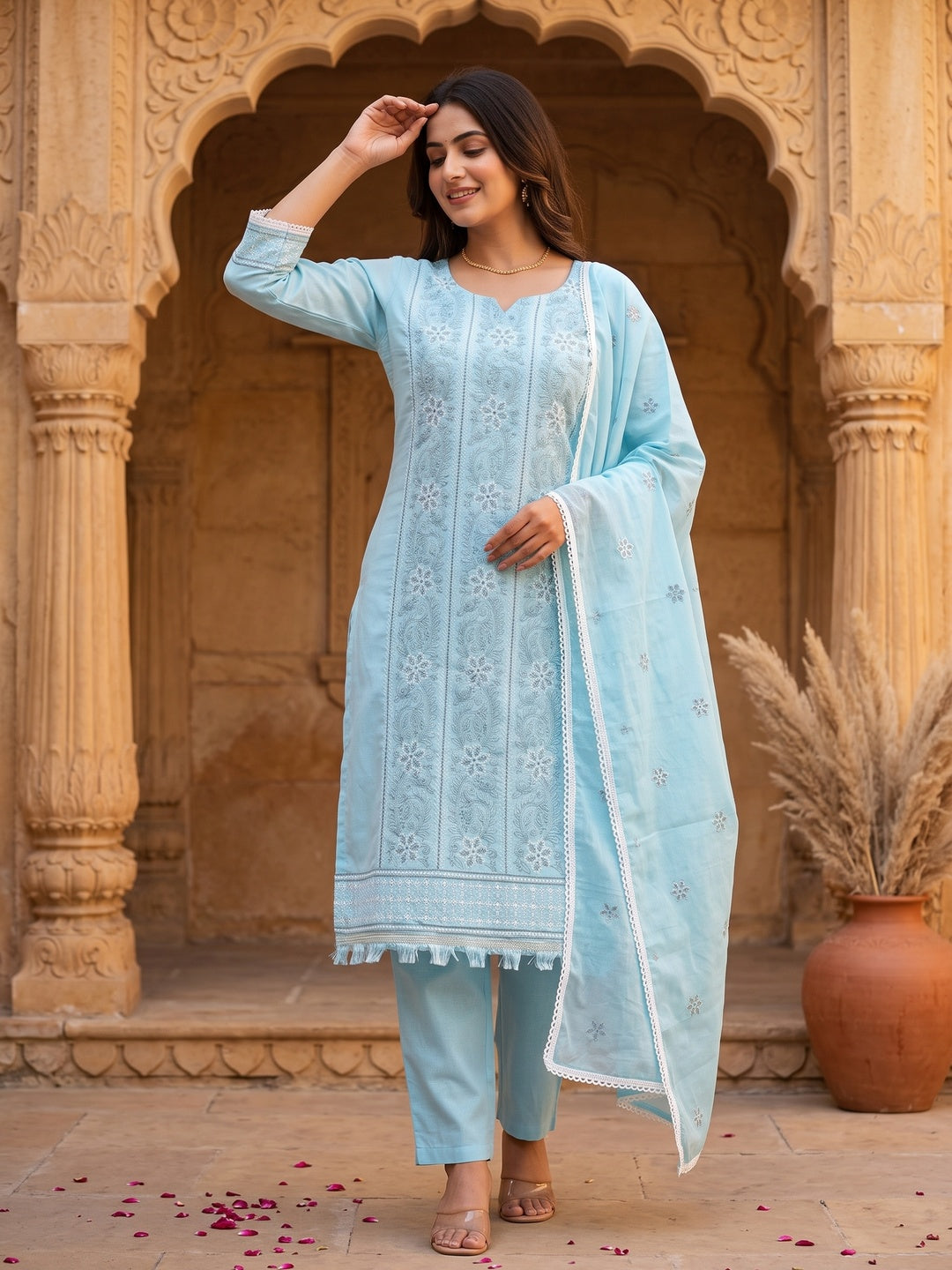 Blue Cotton Blend Dress Material With Intricate Floral Thread Embroidery Work - Image 5