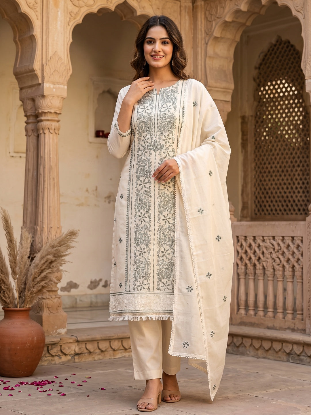 Cream Cotton Blend Dress Material With Intricate Floral Thread Embroidery Work - Image 2