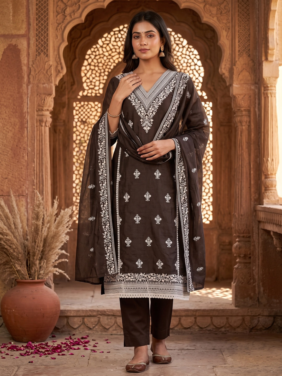 Traditional Brown Chanderi Silk Suit Fabric with Embroidered Floral Patterns - Image 1