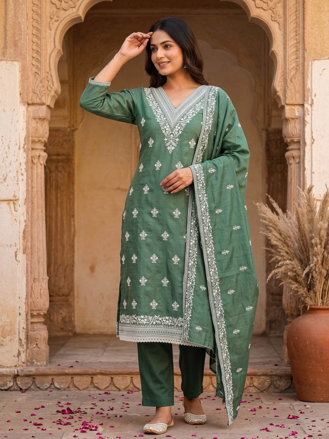 Traditional Green Chanderi Silk Suit Fabric with Embroidered Floral Patterns - Image 1