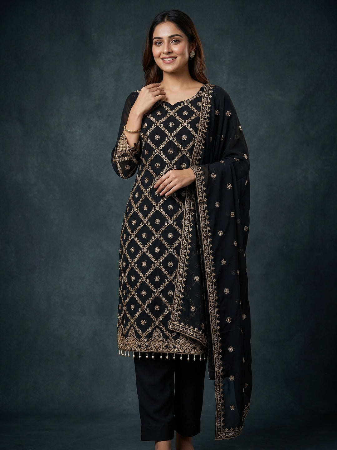 Black Georgette Dress Material Adorned With Floral Zari Embroidery Work - Image 1