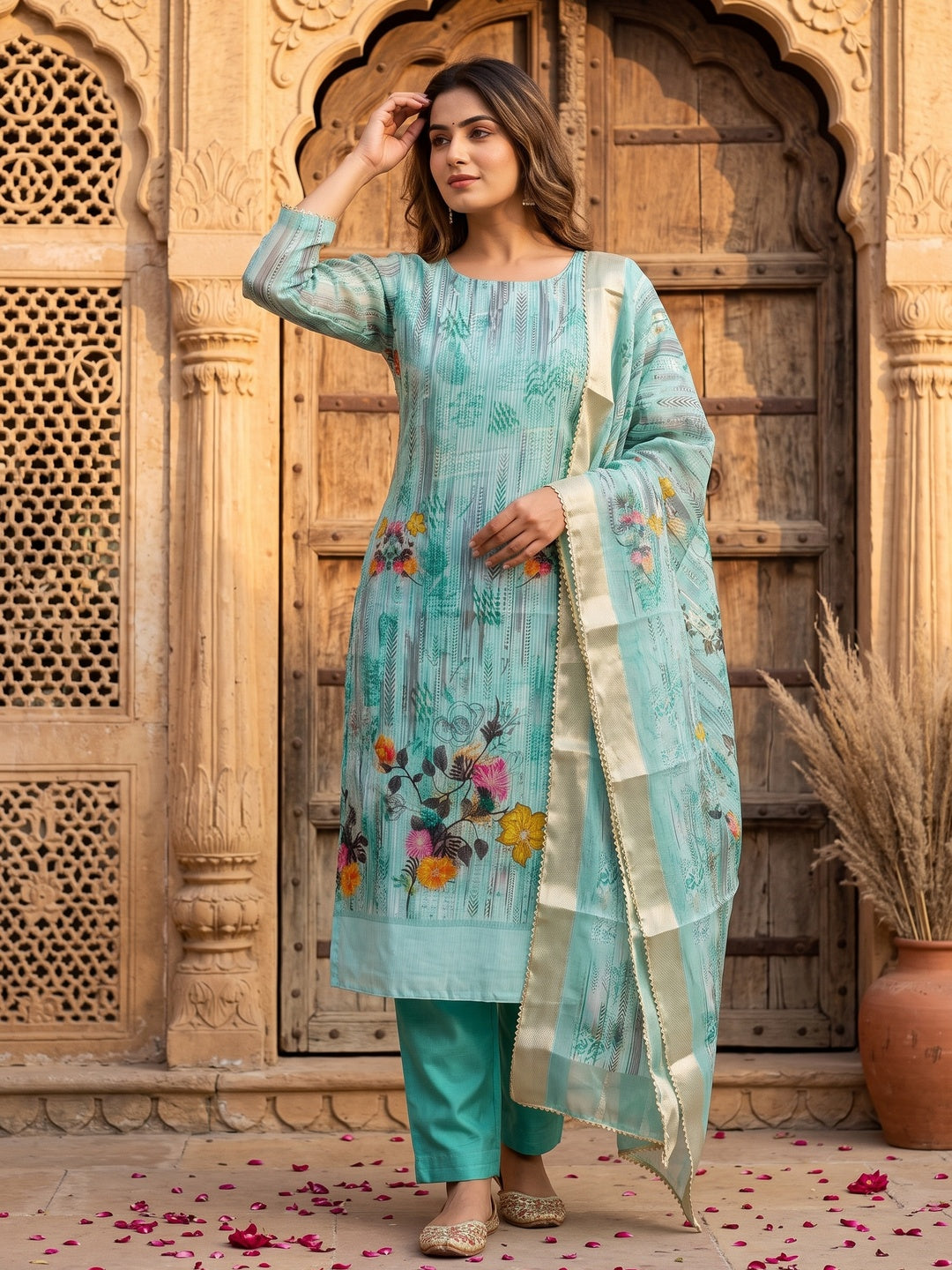 Turquoise Floral Printed With Swarovski Work Organza Dress Material - Image 4