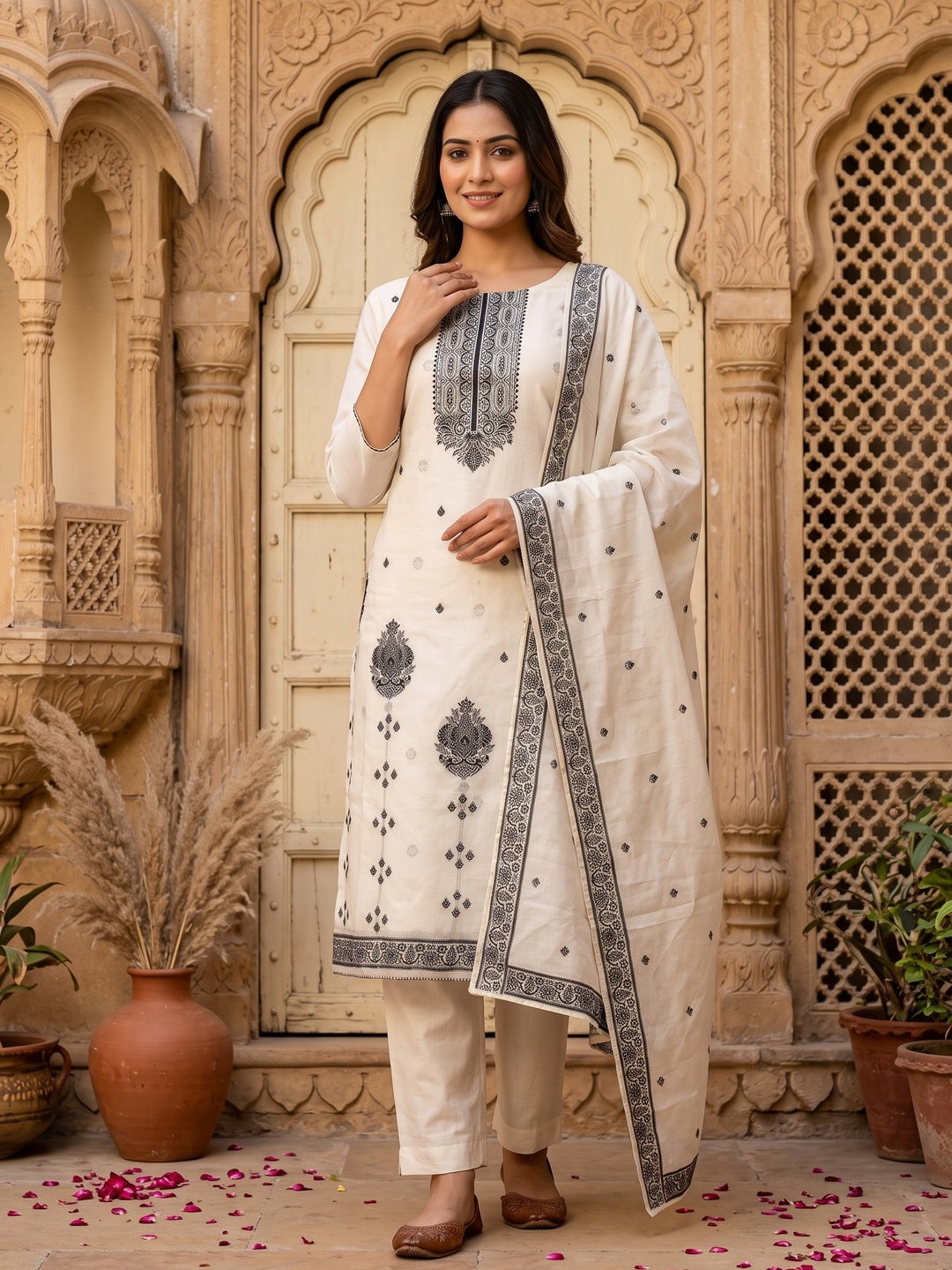 Off White & Black Woven Pure Cotton Dress Material - Image 4