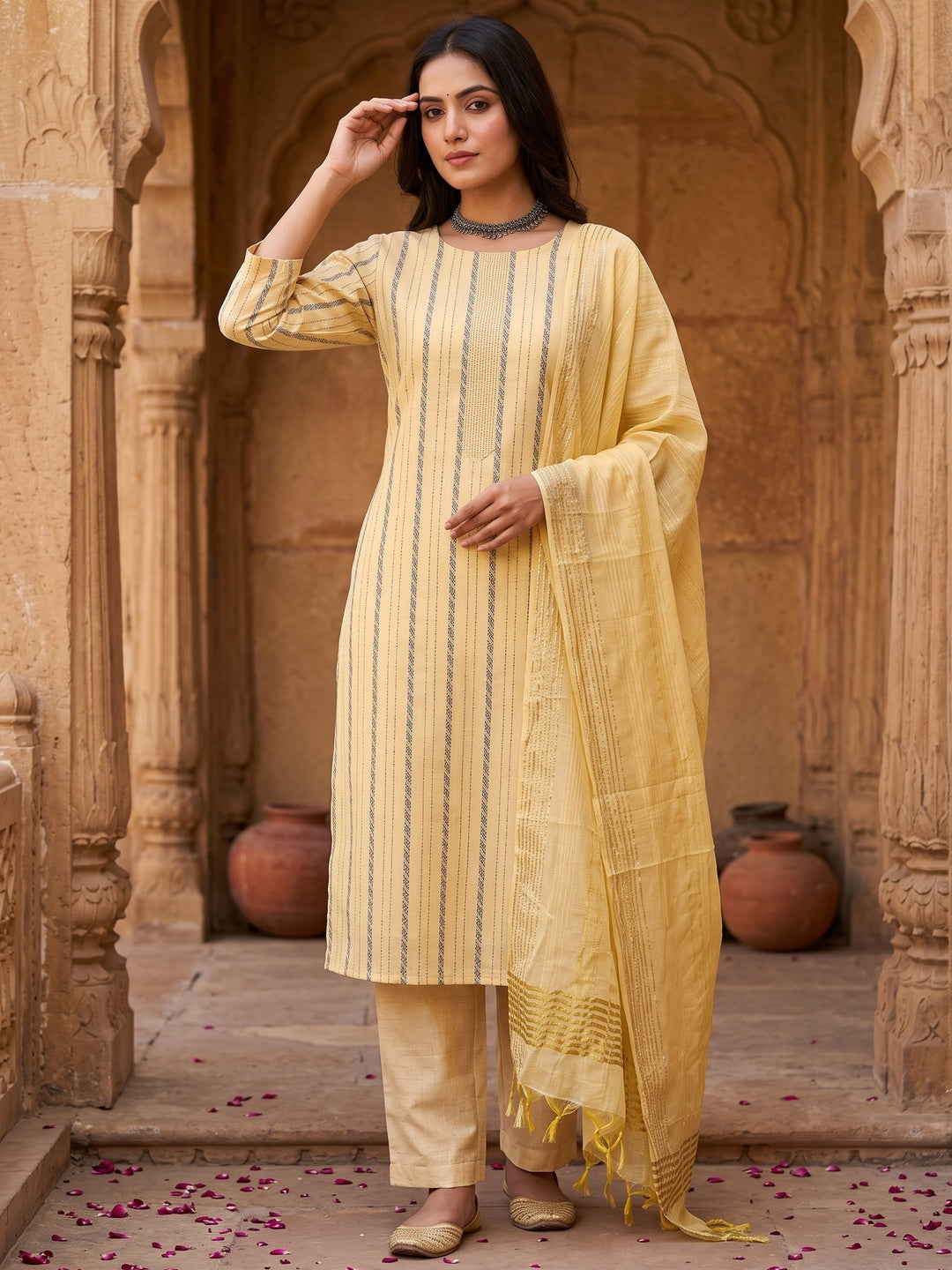 Yellow Woven Pure Cotton Dress Material - Image 4