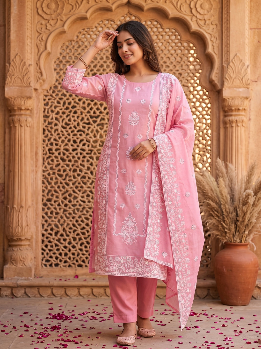 Pink Chanderi Silk Dress Material With Exquisite Floral Thread Embroidery - Image 1
