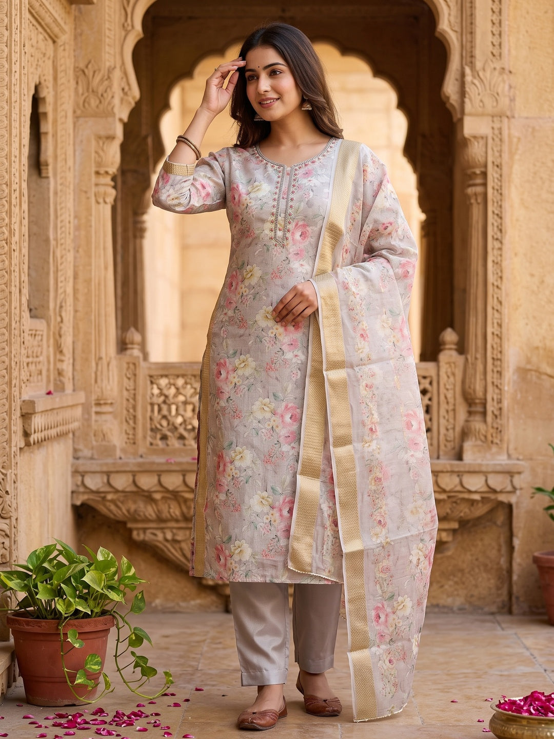 Grey Chanderi Silk Dress Material Showcasing Floral Prints with Subtle Beads Detailing - Image 1