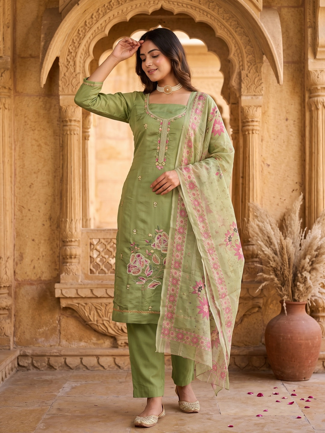 Green Embroidered Chanderi Silk Unstitched Dress Material with Delicate Beads Work - Image 1