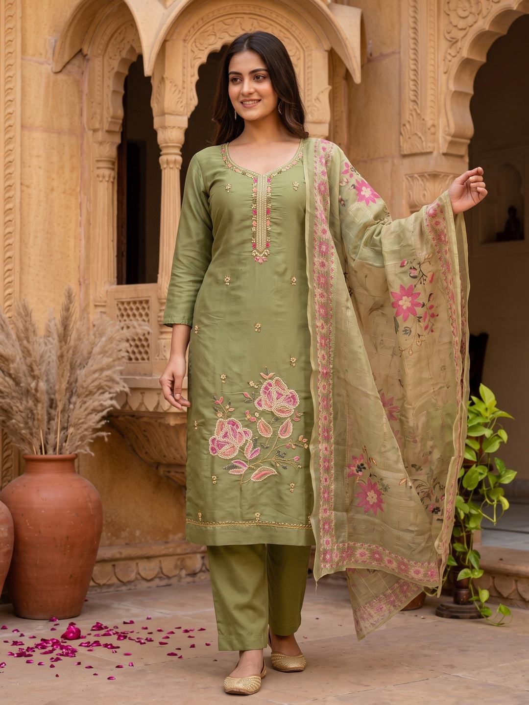 Green Embroidered Chanderi Silk Unstitched Dress Material with Delicate Beads Work - Image 2