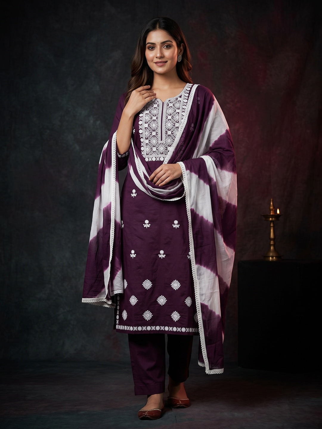 Designer Wine Pure Cotton Dress Material Showcasing Floral Thread Embroidery & Luxe Sequins Work - Image 1