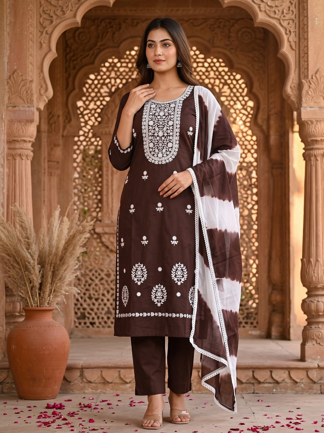 Designer Brown Pure Cotton Dress Material Showcasing Floral Thread Embroidery & Luxe Sequins Work - Image 1