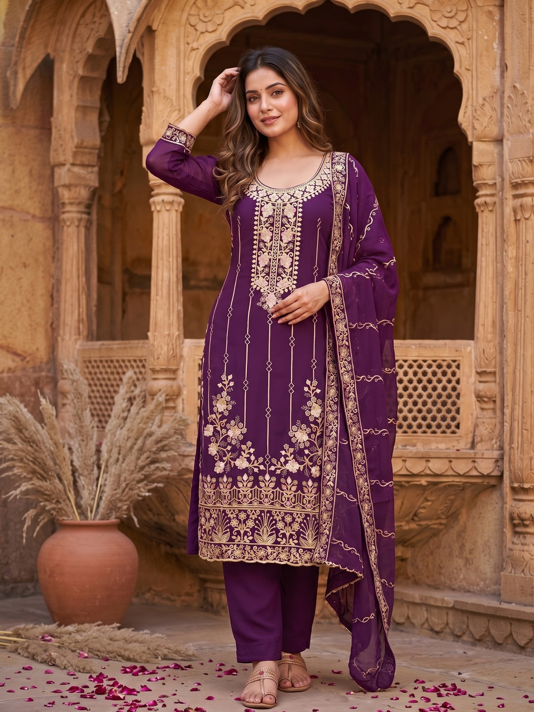 Purple Embroidered Georgette Dress Material - Image 4