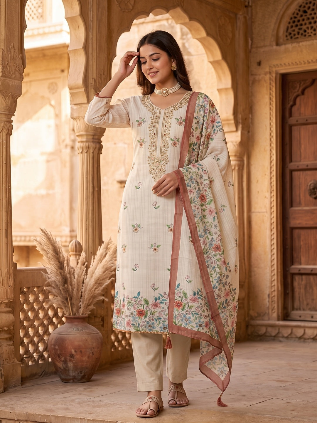 Peachmode Peach Linen Dress Material with Floral Print - Image 5