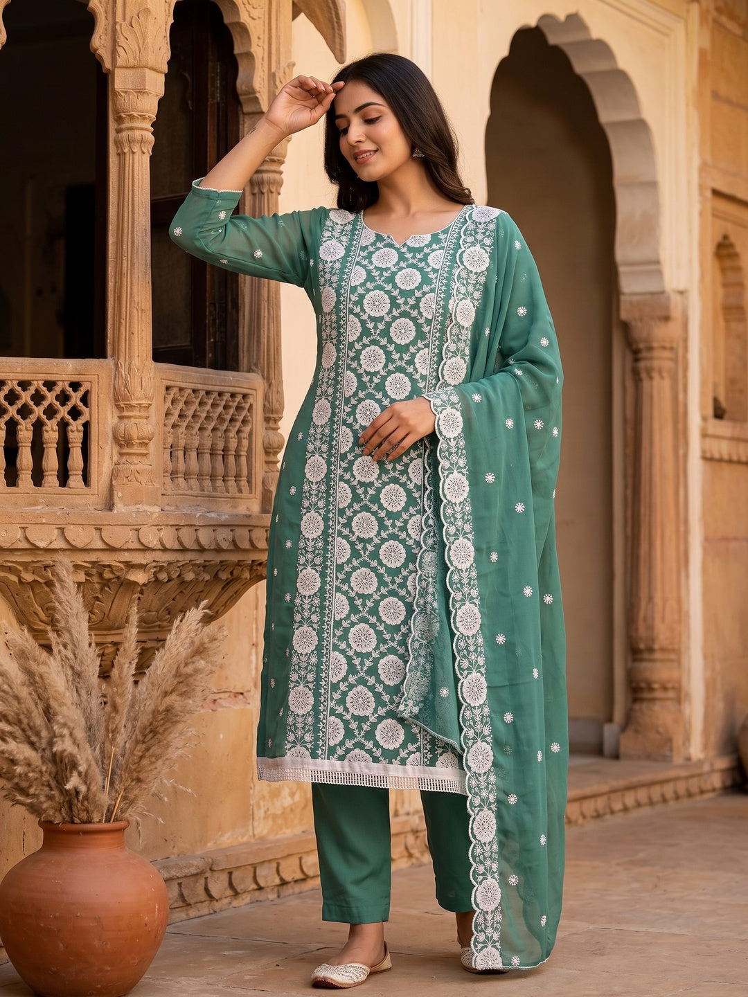 Classic Dark Mint Green Floral Thread Embroidered Georgette Dress Material With Timeless Appeal - Image 1