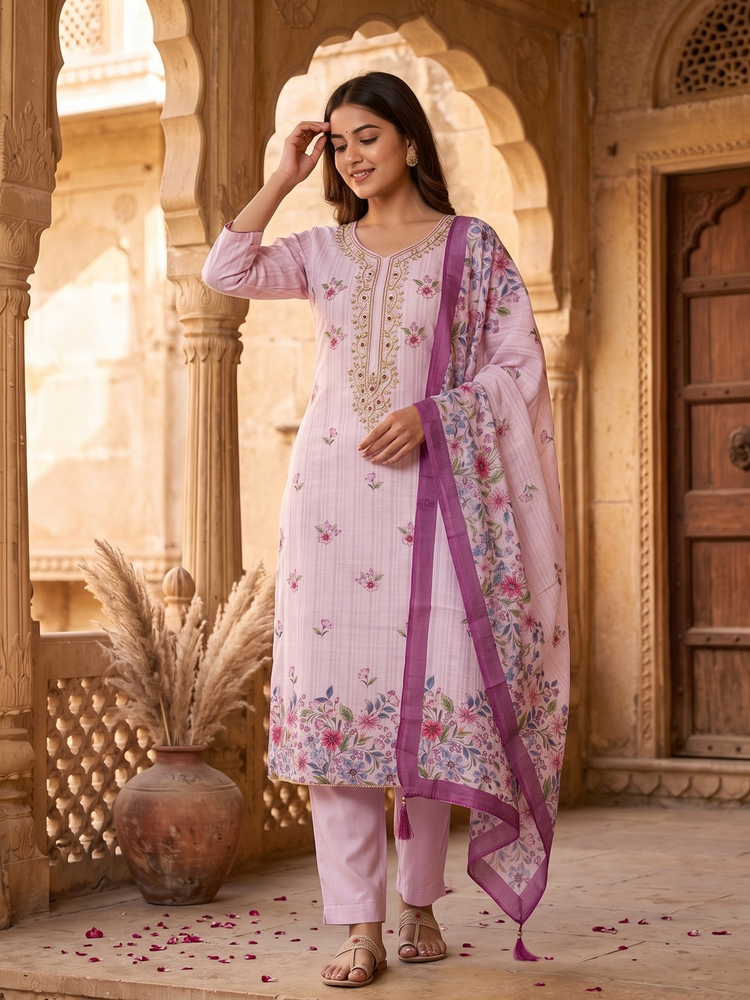 Peachmode Pink Linen Dress Material with Floral Print - Image 5