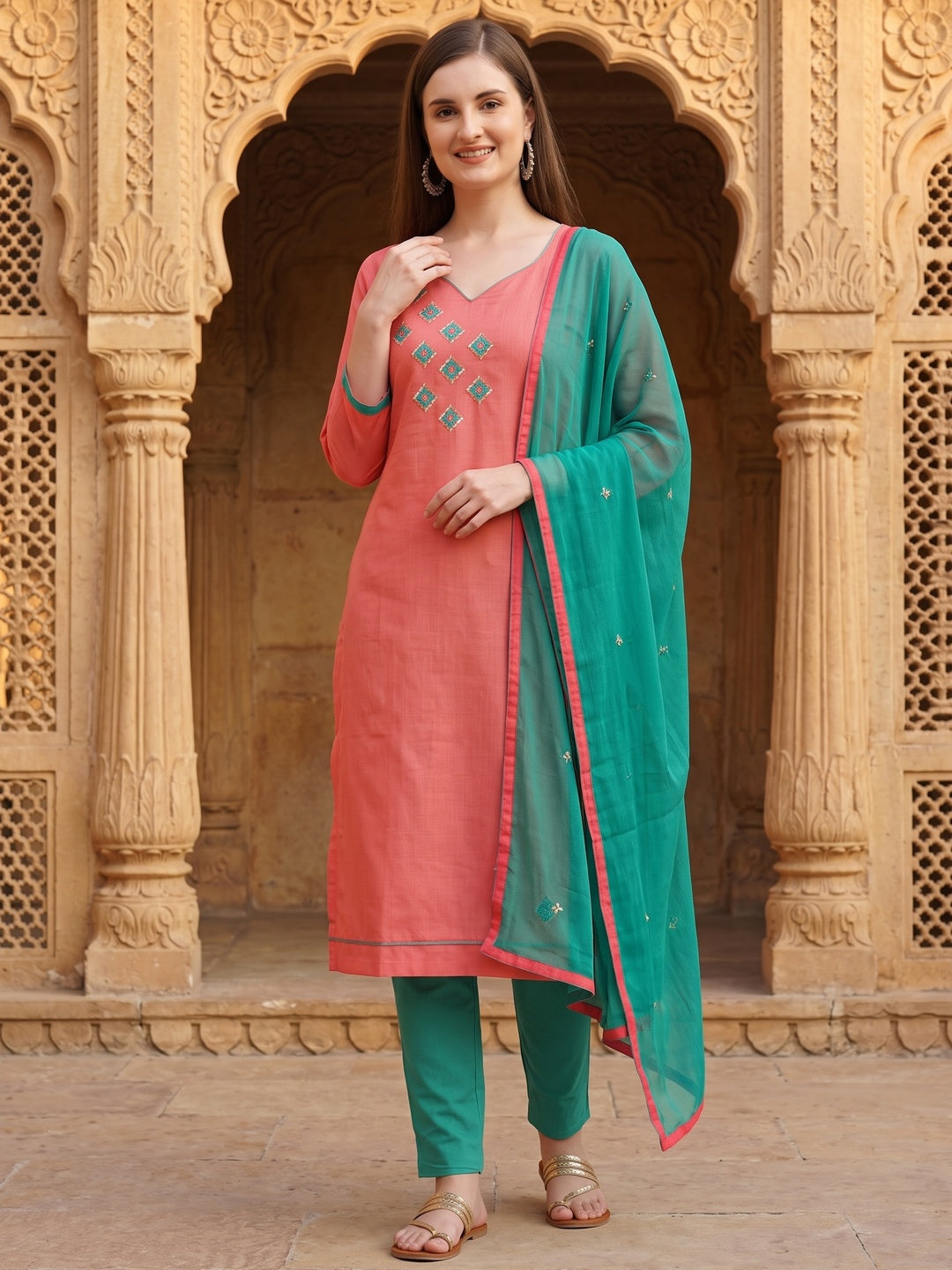 Exclusive Peach Coloured Embroidered Casual Wear Cotton Dress Material - Image 3