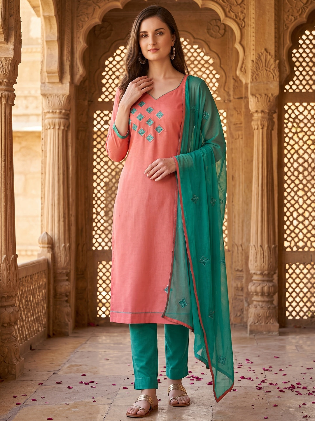 Exclusive Peach Coloured Embroidered Casual Wear Cotton Dress Material - Image 4