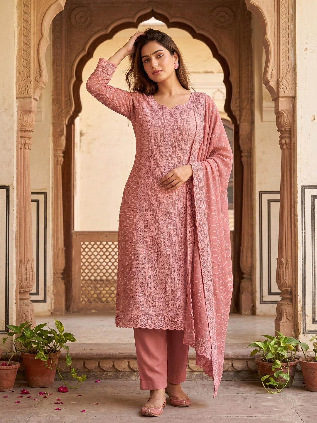 Elegant Dusty Rose Pink Floral Thread Embroidered With Sequins Work Georgette Dress Material - Image 1
