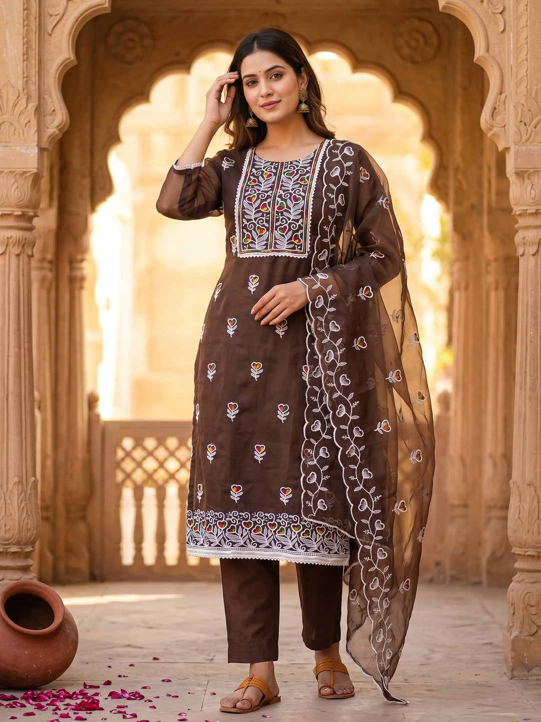 Brown Organza Dress Material With Intricate Floral Embroidery Work - Image 1