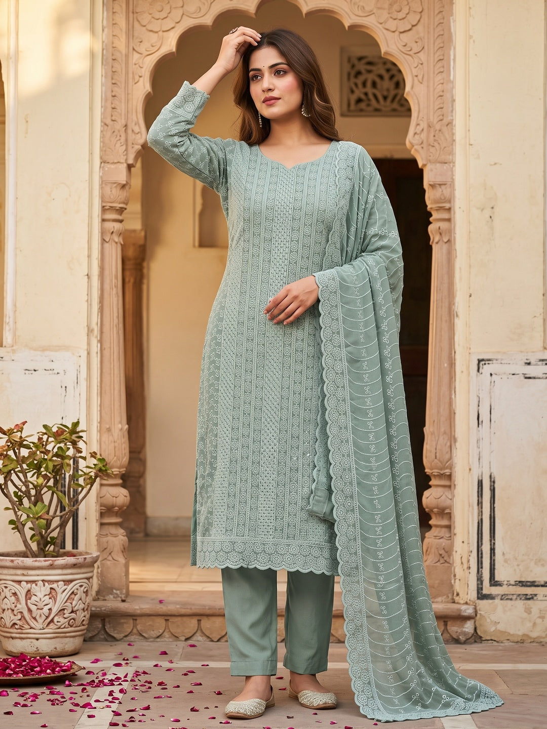 Elegant Grey Floral Thread Embroidered With Sequins Work Georgette Dress Material - Image 1