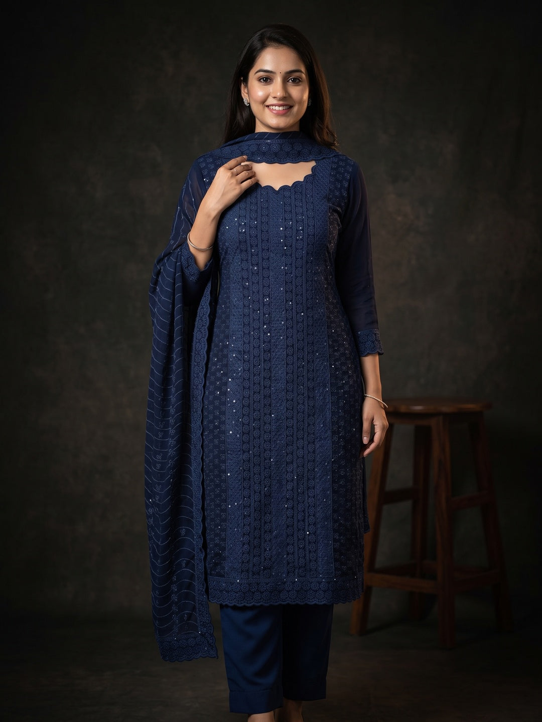Elegant Navy Blue Floral Thread Embroidered With Sequins Work Georgette Dress Material - Image 1