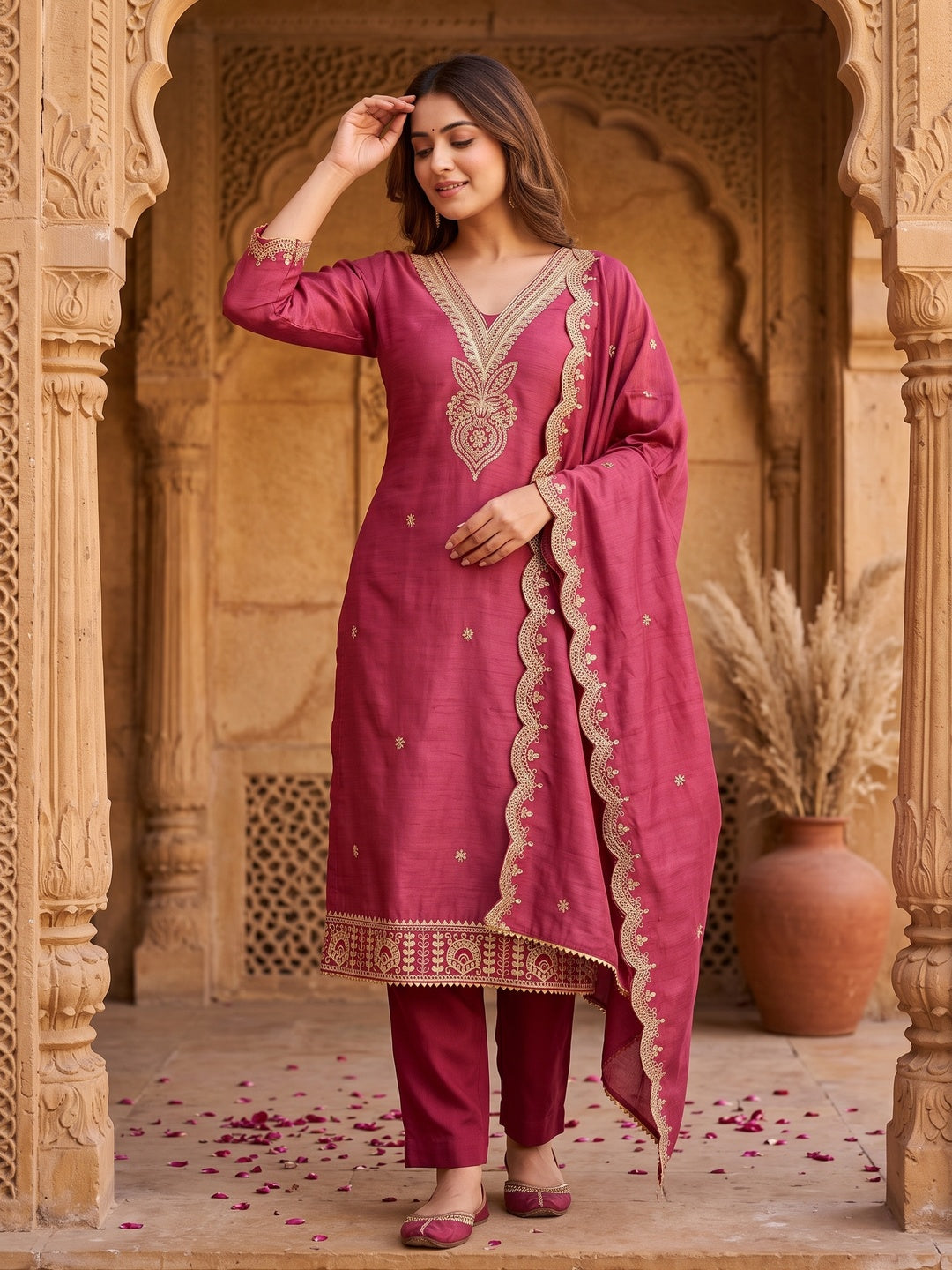 Pink Floral Embroidered Vichitra Silk Dress Material Enhanced With Detailed Cording & Sequins Work - Image 1