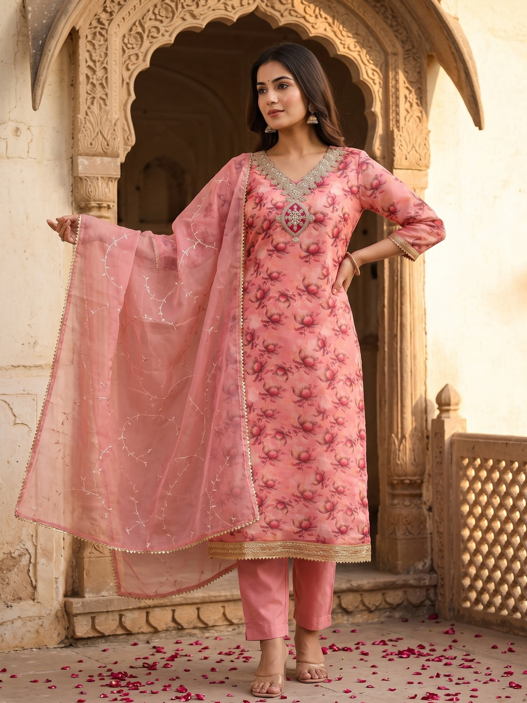 Pink Floral Digital Printed Organza Dress Material Featuring Exquisite Cording Embroidery Work - Image 5