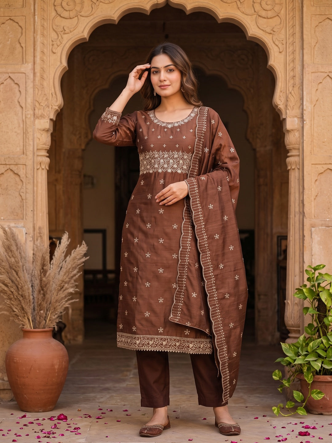 Brown Cotton Silk Dress Material with Traditional Jalpari Embroidery - Image 1