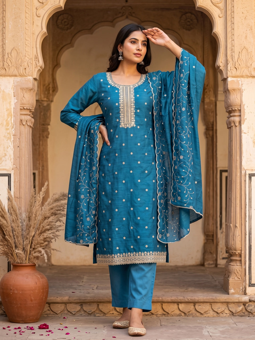 Blue Cotton Silk Unstitched Dress Material Featuring Delicate Jalpari Embroidery - Image 1