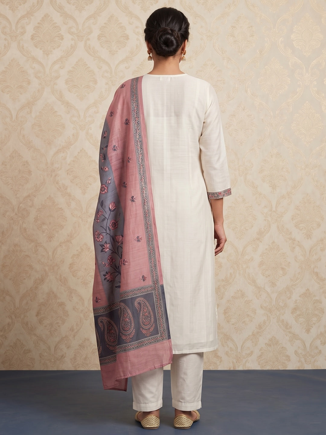 Peachmode Off White Chanderi Floral Embroidered Salwar Suit Set - Image 5