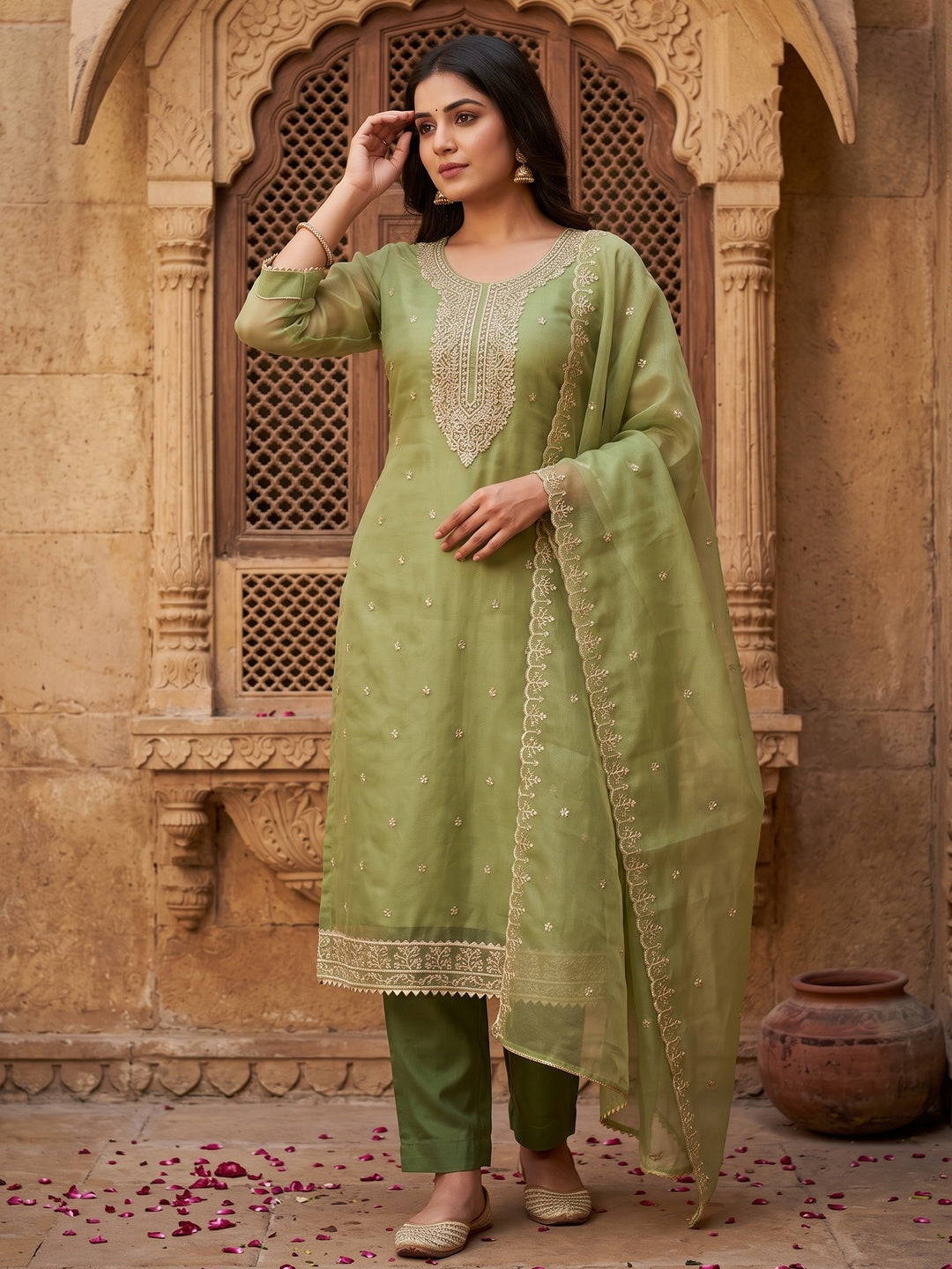 Green Designer Suit Material in Sheer Twill Net with Thread Embroidered Patterns - Image 1