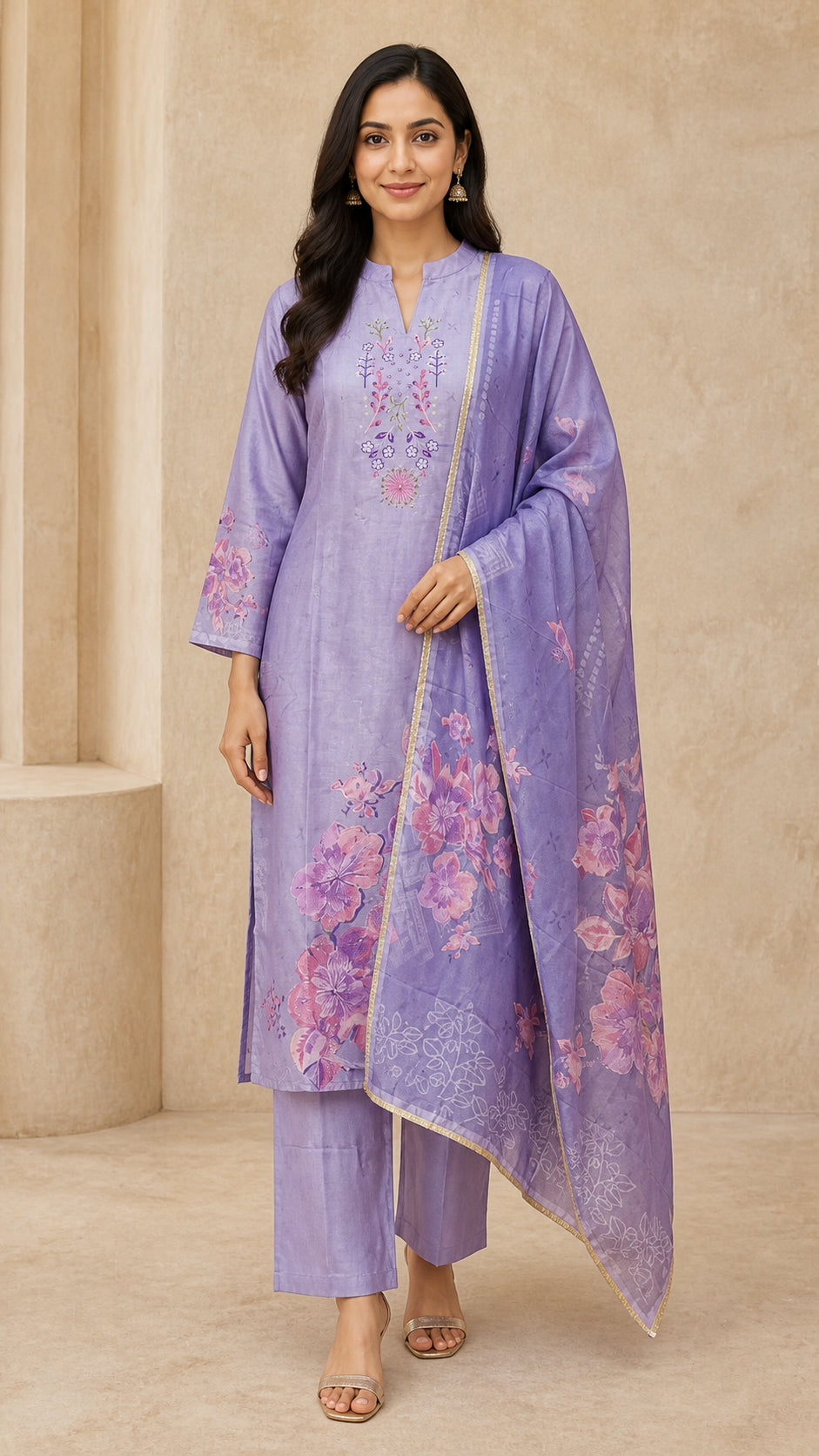 Peachmode Lavender Guji Silk Floral Embroidered Salwar Suit Set - Image 1