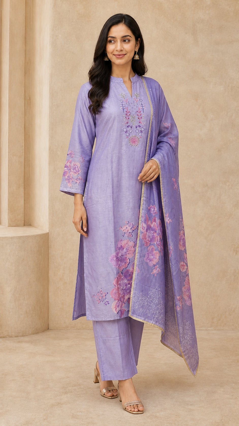 Peachmode Lavender Guji Silk Floral Embroidered Salwar Suit Set - Image 3