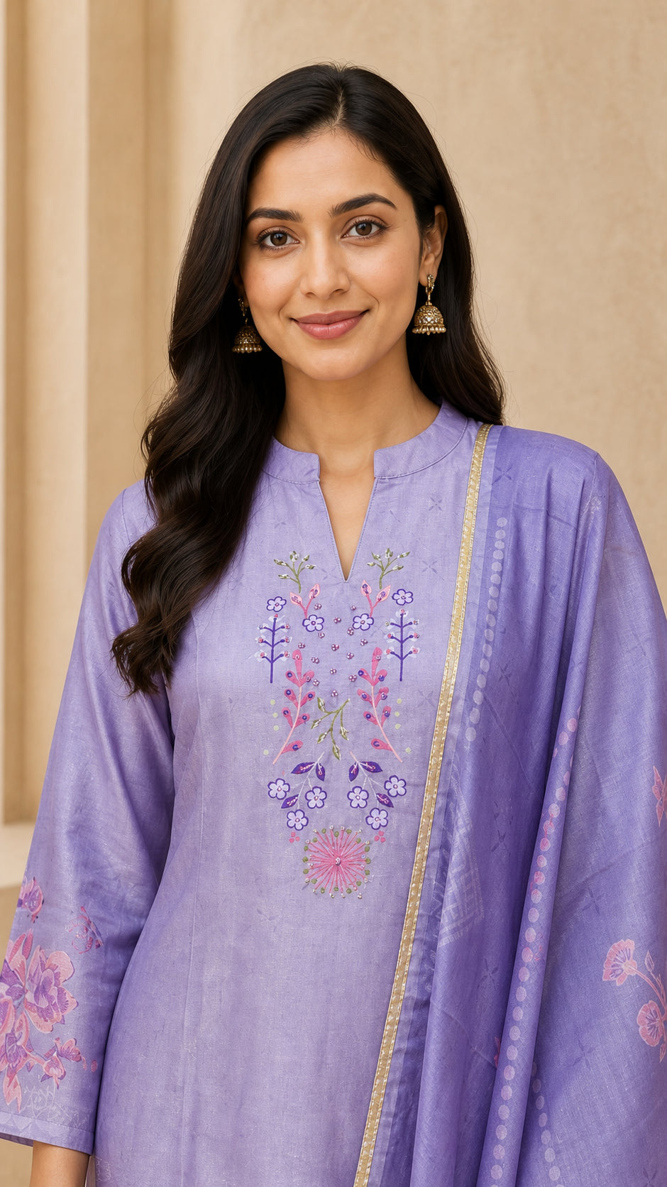 Peachmode Lavender Guji Silk Floral Embroidered Salwar Suit Set - Image 5