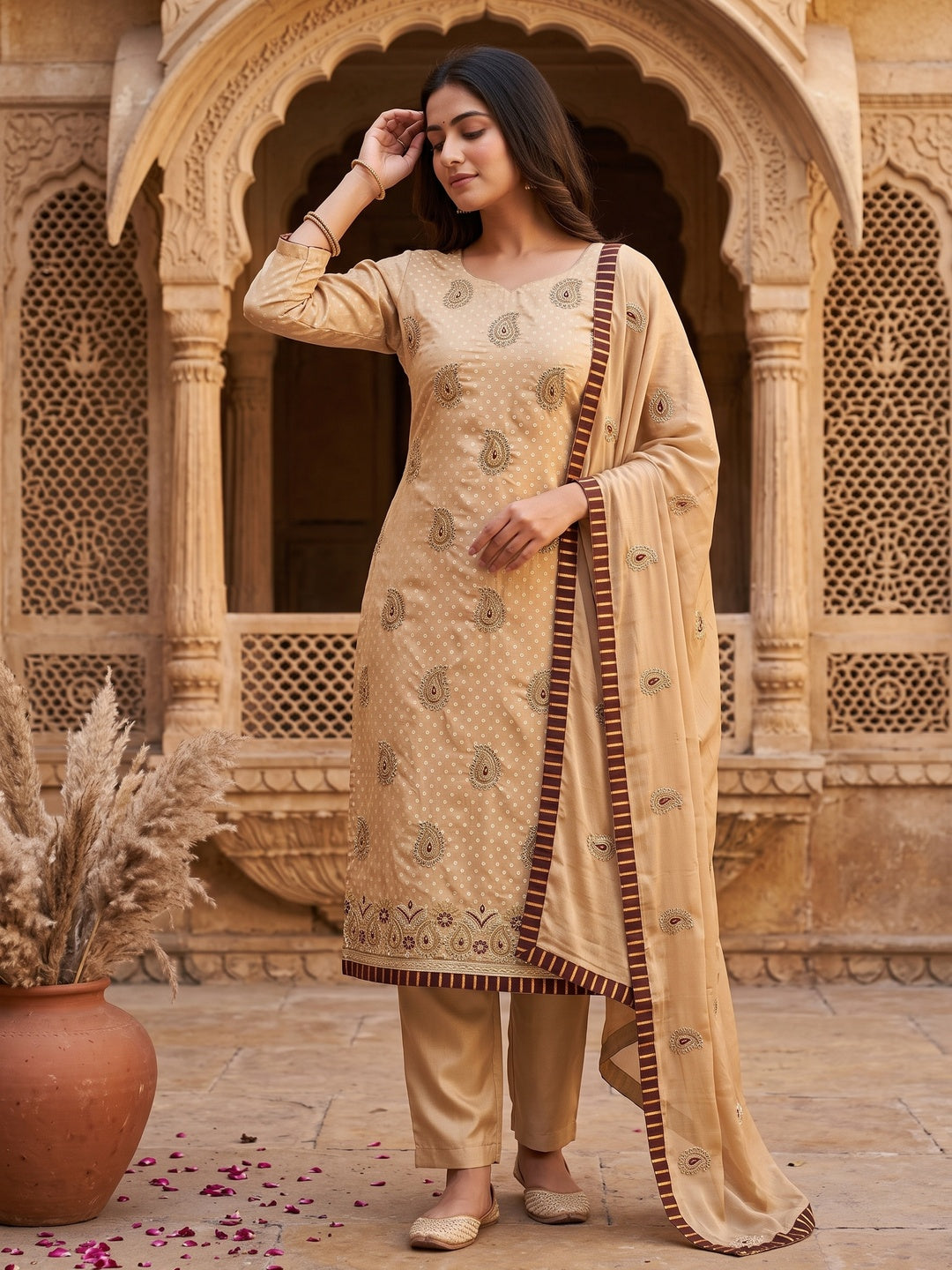 Beige Embroidered Fancy Fabric Dress Material - Image 5