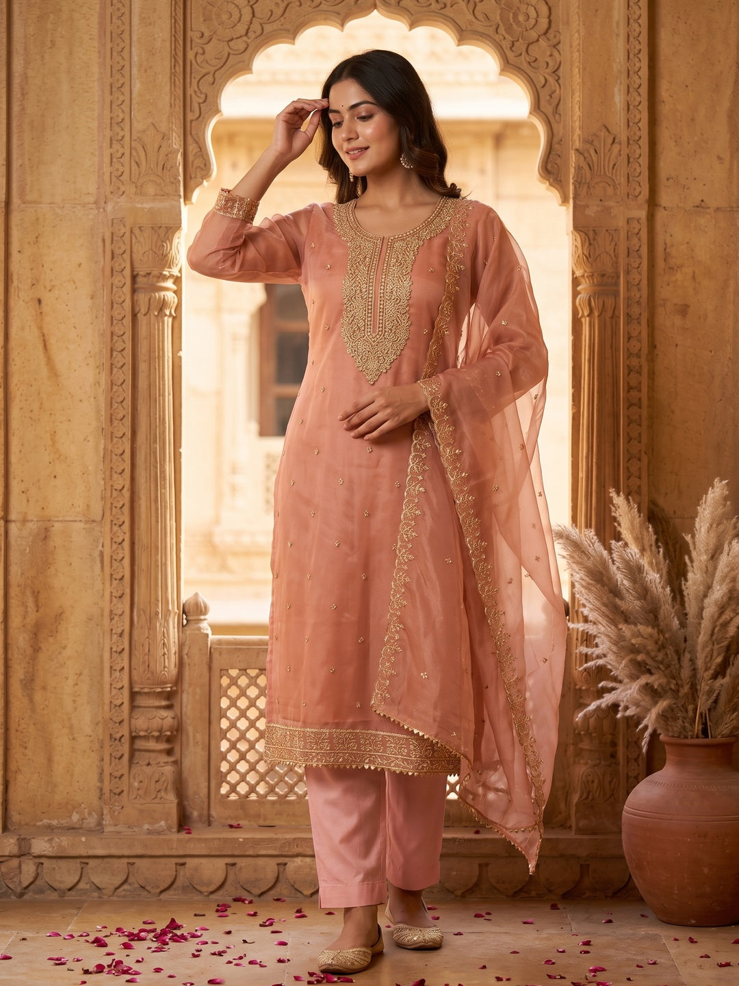 Peach Designer Suit Material in Sheer Twill Net with Thread Embroidered Patterns - Image 1